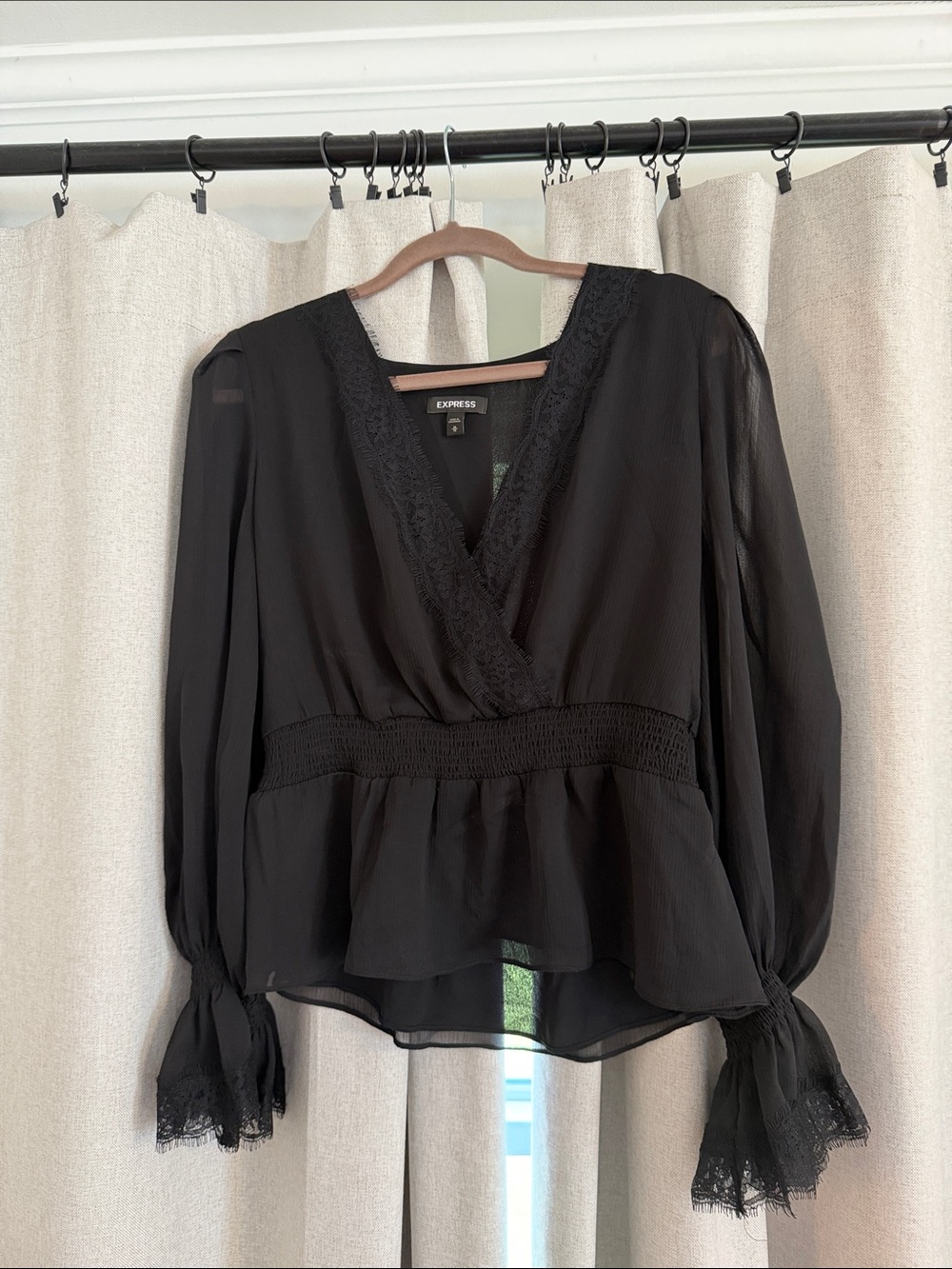 Express Black Lace-Trim Peplum Wrap Blouse